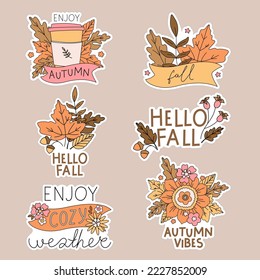 Set of cute vector autumn stickers for notepad, planner, notebook or any other surface. Hand lettering stickers Hello Fall, Enjoy Autumn, Autumn Vibes.