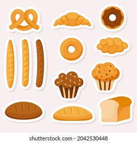 Set of cute vector bakery stickers. Flat style. EPS 10