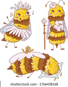 set of cute vector bees with flowers