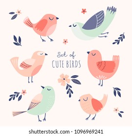 Set of cute vector birds with flowers and leaves. Spring, summer illustration with cartoon funny birds. 