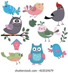 Set of cute vector birds. Funny forest birds in bright color.