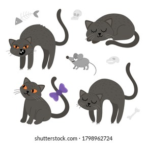 Set of cute vector black cats and mouse. Halloween characters icons collection. Funny autumn all saints eve illustration with scary animals, sculls, bones. Samhain party sign design for kids. 

