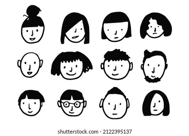 Set of cute vector black doodle people faces