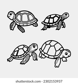 set of cute Vector black silhouette of a turtle isolated on a white background