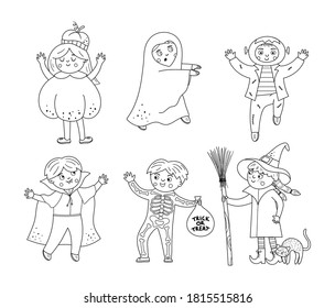 Conjunto de adorables personajes vectoriales en blanco y negro de Halloween. Niños con una colección de disfraces aterradores. Gracioso otoño todos los santos ven la ilustración con vampiro, fantasma, calabaza, bruja. Diseño de fiesta de vestimenta de Samhain