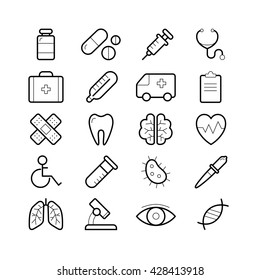 Set of cute vector black-white line medical icons