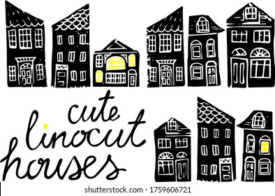 Set of cute vector buildings, linocut stamps with handwritten lettering