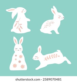Set of cute vector bunny decorated with floral elements