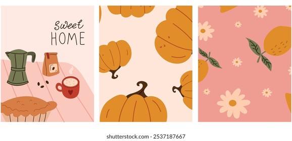 Set of cute vector card templates with pumpkins, cupcakes, teapot and lettering.