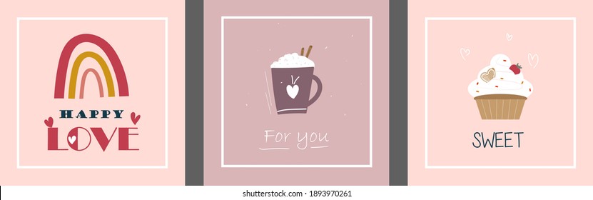 
set of cute vector cards for congratulations and declarations of love. prints for design in flat style. posters for home and cafe, brochures and menus