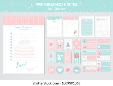 Set of cute vector cards and printable,sweet,candy,cake, tags,cards,templates,Notes, Stickers, Labels,Scrap booking,Sweets,Candy,Cake,Happy Birthday, Congratulations, Invitations,Vector illustrations 