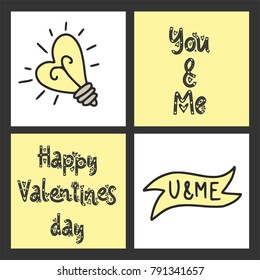 Set of cute vector cards for St. Valentine's Day with illustrations and lettering messages.