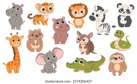 Set of cute vector cartoon animals isolated on white background. Lion, tiger, crocodile, panda, koala, snake, sloth, armadillo, rhinoceros, hippopotamus, giraffe, elephant, wombat.