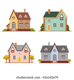 Set of cute vector cartoon brick houses. Bright building illustration. European street. Colorful town elements. Your sweet home. Traditional architecture