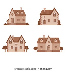 Set of cute vector cartoon brick houses in sepia color. Building illustration. European street. Town elements. Your sweet home. Traditional architecture