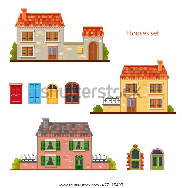 Set Cute Vector Cartoon Brick Houses Stock Vector Royalty Free