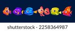 Set of cute vector cartoon fish for aquarium game. Isolated happy underwater characters. Smiling fun baby marine clipart with face and mouth. Collection of exotic clownfish and cheerful creatures.