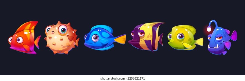 Set of cute vector cartoon fish for aquarium game. Isolated happy underwater characters. Smiling fun baby marine clipart with face and mouth. Collection of exotic angler fish and cheerful creatures.