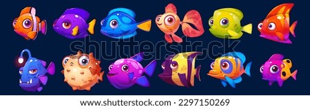 Set of cute vector cartoon fish for aquarium game. Isolated happy underwater characters. Smiling fun tropical sea animal clipart with face and mouth. Collection of exotic clownfish cheerful creatures.