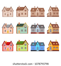 Set of cute vector cartoon houses of different colors. Bright building illustration. European street. Colorful town elements. Your sweet home. Traditional architecture