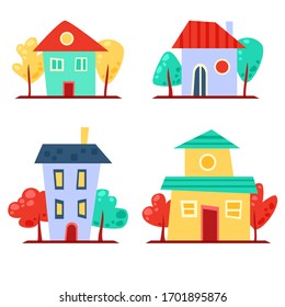 Set of cute vector cartoon houses of different colors with trees. Bright funny building illustration. European street. Colorful town elements. Your sweet home. Traditional architecture