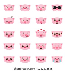 Set of cute vector cartoon little pigs emojis