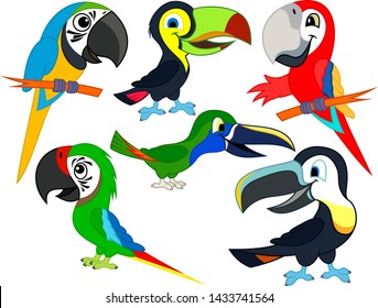 set of Cute Vector cartoon macaw parrots and toucans