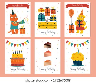 Set of cute vector cartoon style hand drawn happy birthday greeting cards. animal characters, cakes and gift colorful funny illustrations  