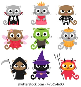 Set of cute vector cats in different Halloween costumes