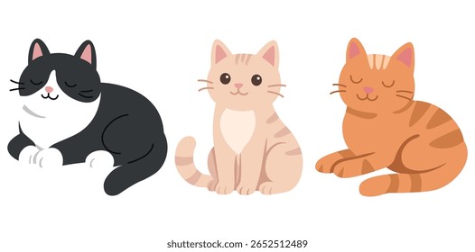 Conjunto de gatos vetor bonito em estilo plano. Gatinhos pretos e brancos, pêssego e gengibre em poses diferentes. Perfeito para crianças, adesivos, arte infantil ou design com tema de animais de estimação.