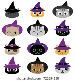 Set of cute vector cats in witch hats