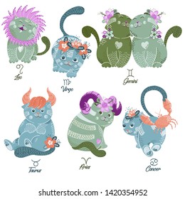 Set of cute vector cats zodiac signs. Cartoon cats characters
