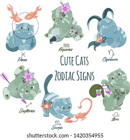 Set of cute vector cats zodiac signs. Cartoon cats characters