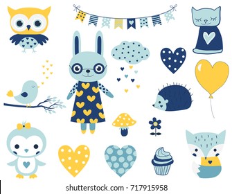 Set of cute vector characters for baby boy showers, birthdays and party designs. Fun animals and elements in flat style in blue and yellow colors.