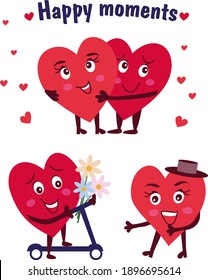 Set of cute vector characters of red hearts. Elements for Valentine's Day greeting card design. Couple of lovers, they hug, give flowers, ride a scooter, smile. Happiness and love.