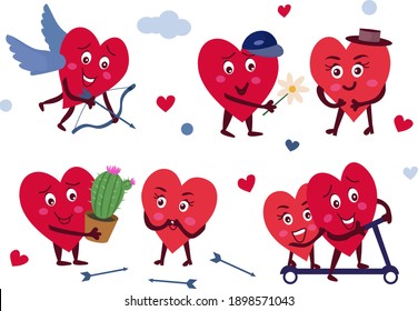 Set of cute vector characters of red hearts. Elements for Valentine's Day greeting card design. Couple of lovers, they hug, give flowers, ride a scooter, smile. Happiness and love.