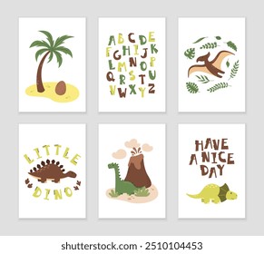 Set of cute vector childish illustrations with dinosaurs