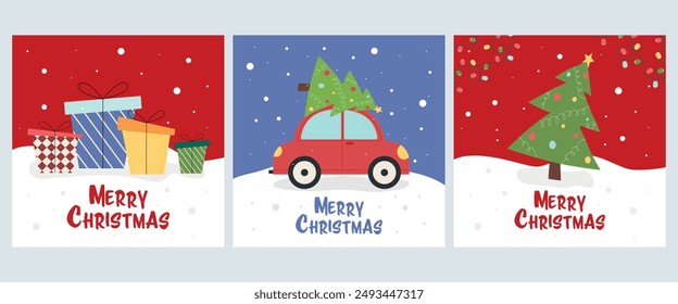 A set of cute vector Christmas cards. Three invitation cards for winter holidays.