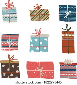 Juego de adorables cajas de regalo vectoriales de Navidad