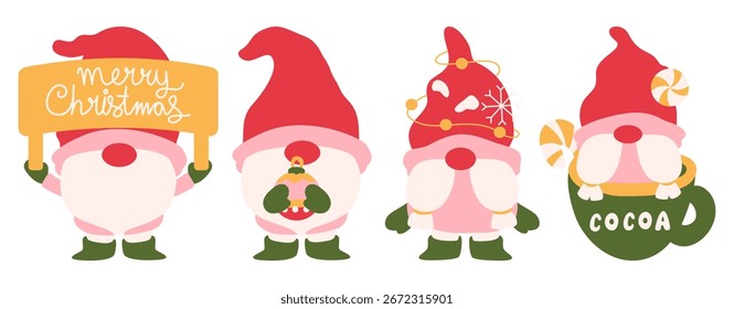 A set of cute vector Christmas gnomes with different festive objects. Perfect for holiday card designs and decorations.