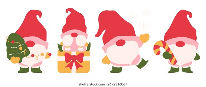 A set of cute vector Christmas gnomes with different festive objects like a Christmas tree and a candy cane.