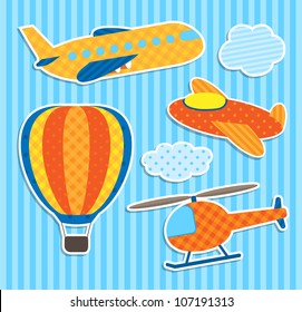 Set of cute vector colorful aircraft stickers