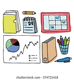 Set of cute vector colorful office supplies icons isolated on white background