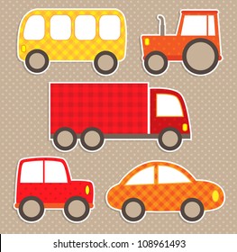 Set of cute vector colorful transport stickers. Cars.