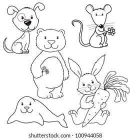 set of cute vector contour animals, dog, rabbit, mouse, bear, seal, isolated