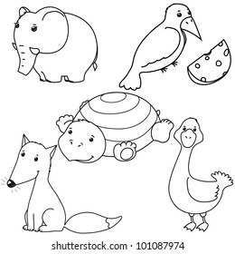 set of cute vector contour animals, fox, crow,  goose, elephant, tortilla, isolated