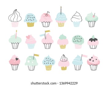 Set of cute vector cupcakes and muffins. Hand drawn birthday party icons. Greeting card, invitation, poster illustrations