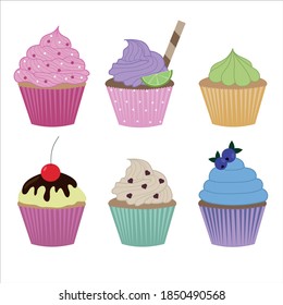 Set of cute vector cupcakes and muffins. Coffee break party element in flat cartoon style. Vector illustration isolated on white background.