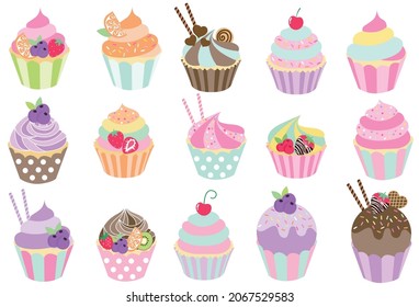 Juego de quequitos vectoriales y muffins bonitos