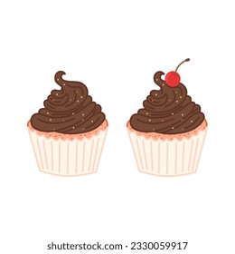 Set of cute vector cupcakes and muffins. Cartoon cupcakes. Cute Cupcakes with cherry of various flavours and colors isolated on white background. Confectionery. Various set of confectionery.